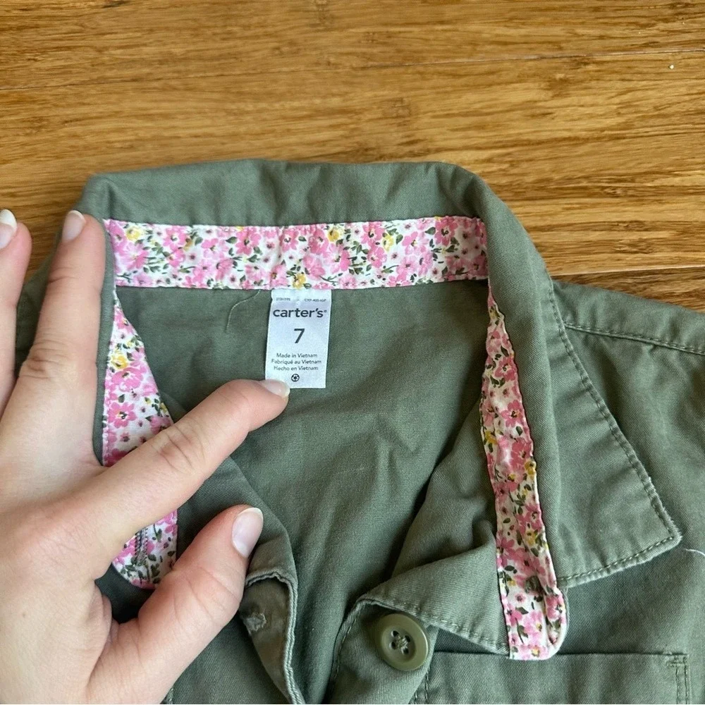 CARTER'S Girls Size 7 Fairy‎ Floral Butterfly Green Twill Jacket Cinch Waist